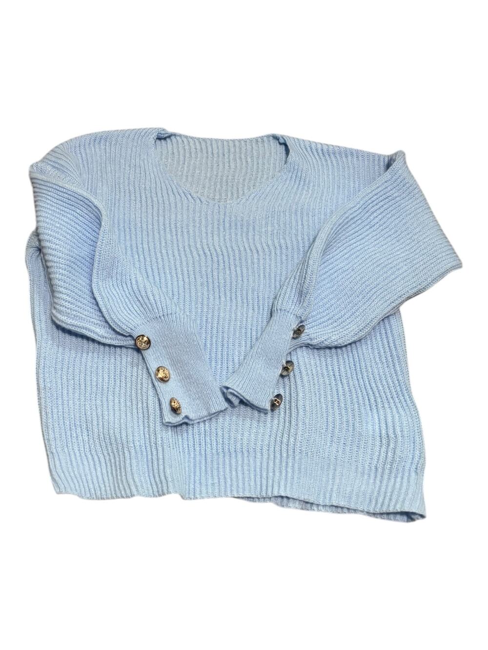 Baby Blue V-Neck Sweater Silver Buttons Size L NWOT